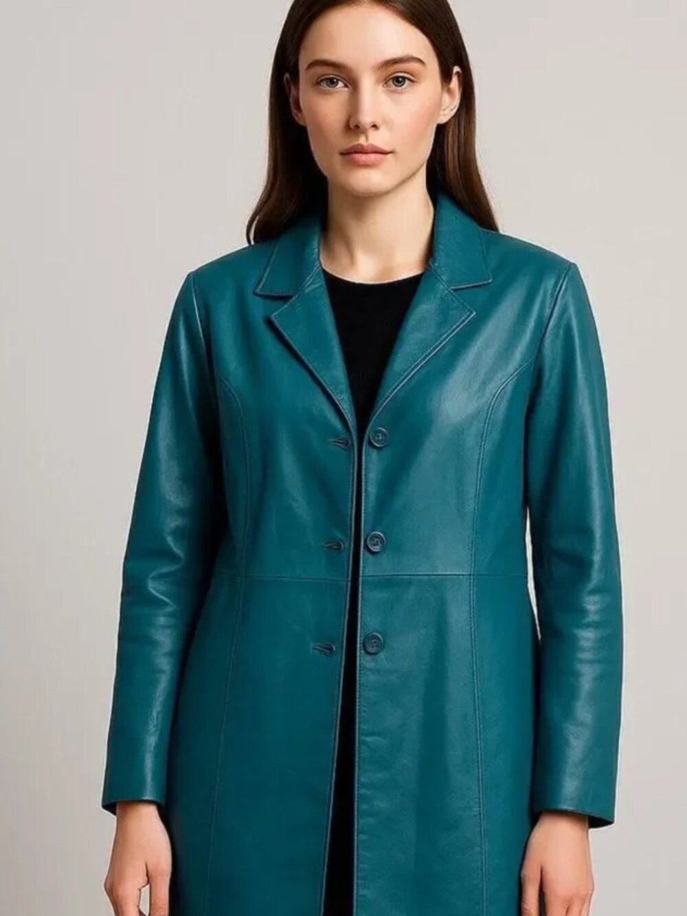 Vintage Roaman’s Teal Genuine Leather Trench Coat Long Button Jacket 90s Style